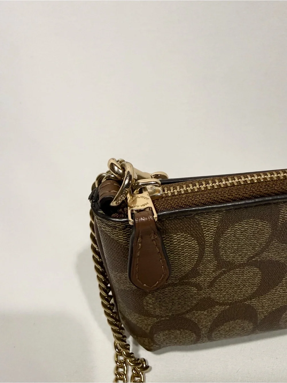 COACH Brown Signature Chain Wristlet Pouch